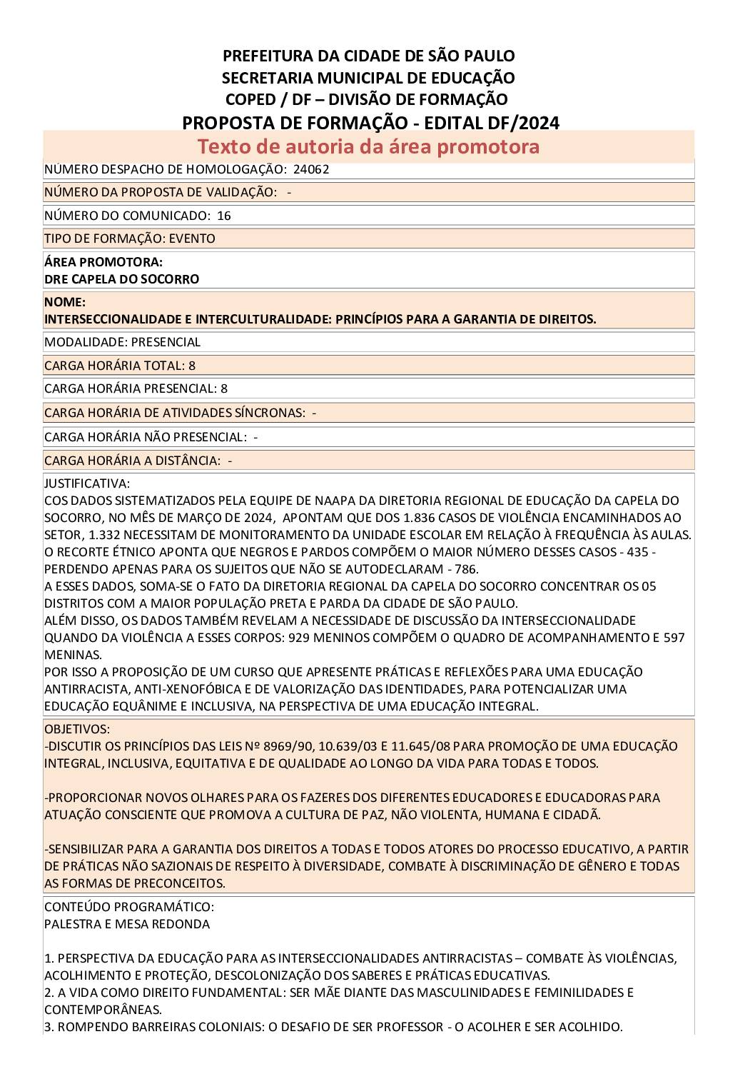 PROPOSTA FORMATIVA HOMOLOGADA PELA SME.