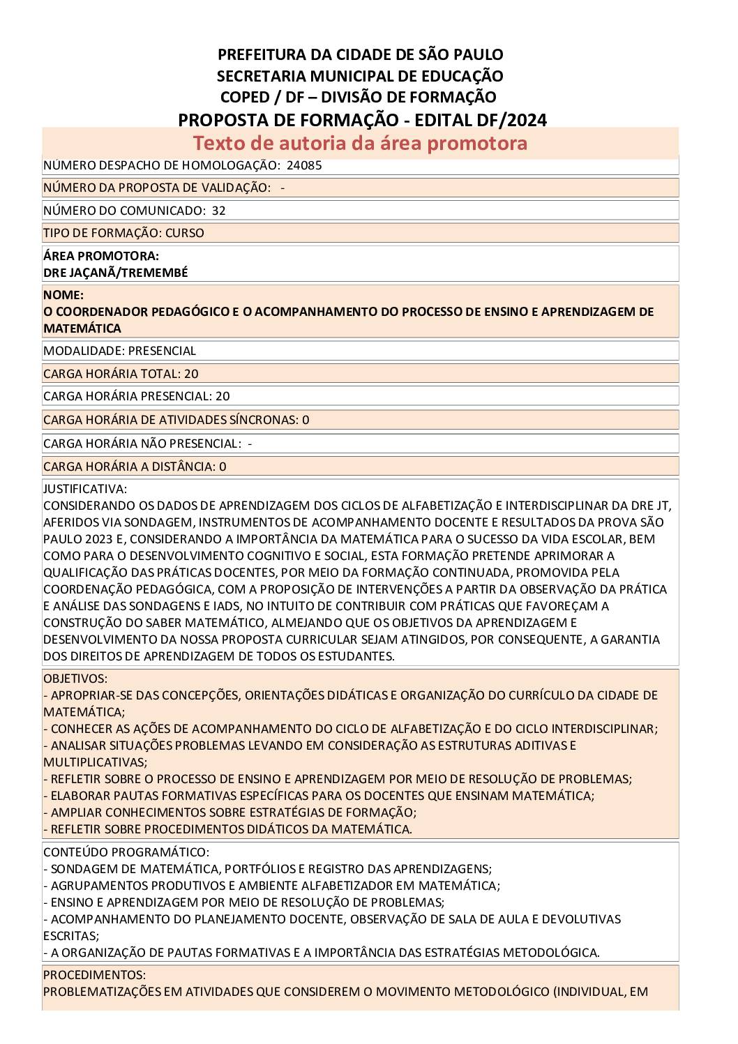 PROPOSTA FORMATIVA HOMOLOGADA PELA SME.