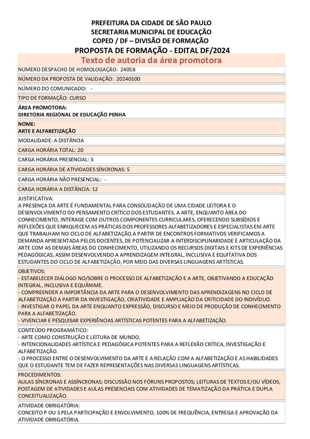 PROPOSTA FORMATIVA HOMOLOGADA PELA SME.