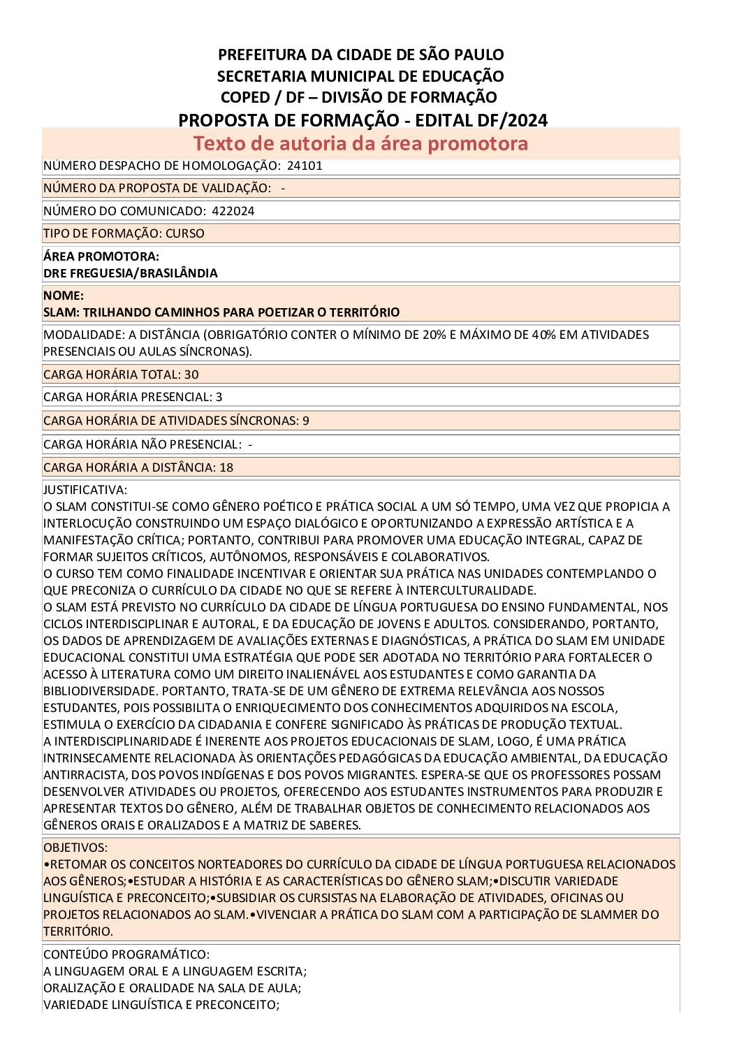 PROPOSTA FORMATIVA HOMOLOGADA PELA SME.
