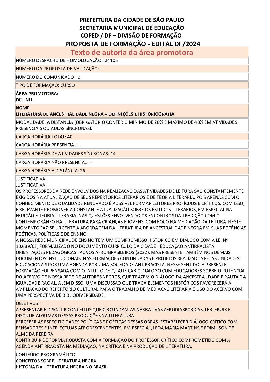 PROPOSTA FORMATIVA HOMOLOGADA PELA SME.