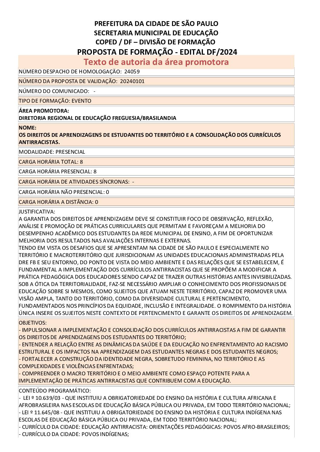 PROPOSTA FORMATIVA HOMOLOGADA PELA SME.