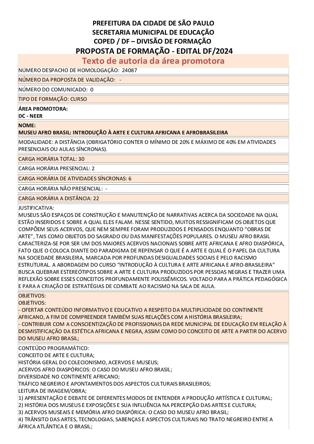 PROPOSTA FORMATIVA HOMOLOGADA PELA SME.