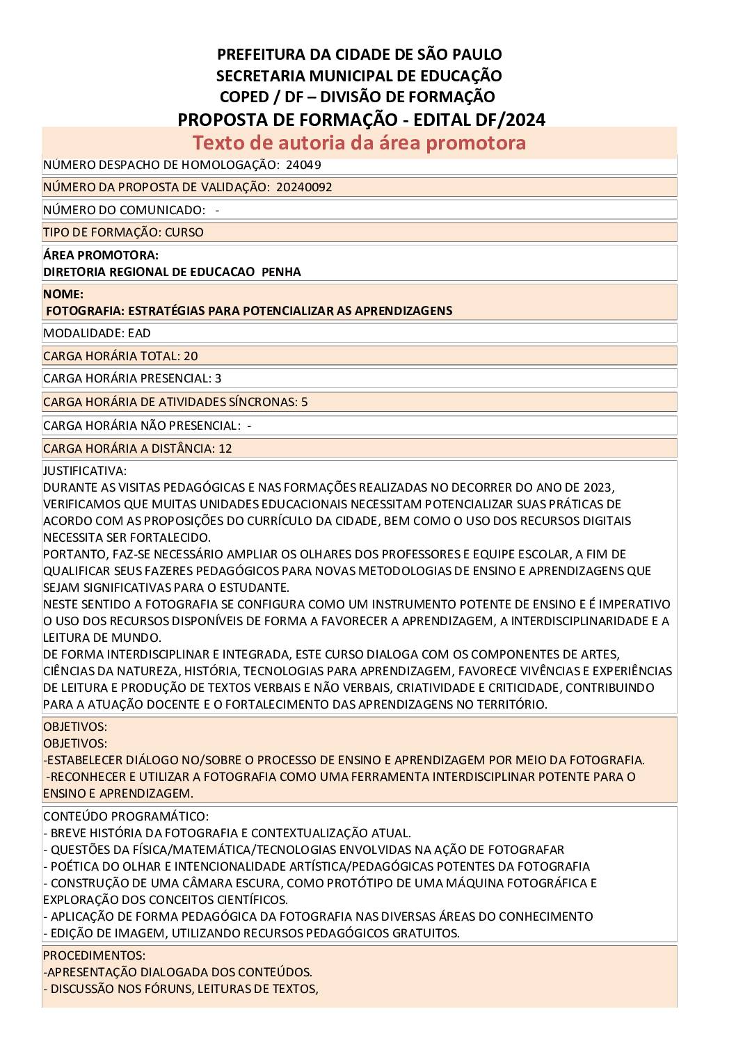 PROPOSTA FORMATIVA HOMOLOGADA PELA SME.