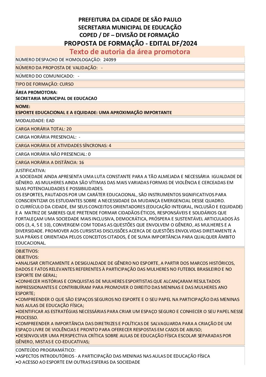 PROPOSTA FORMATIVA HOMOLOGADA PELA SME.