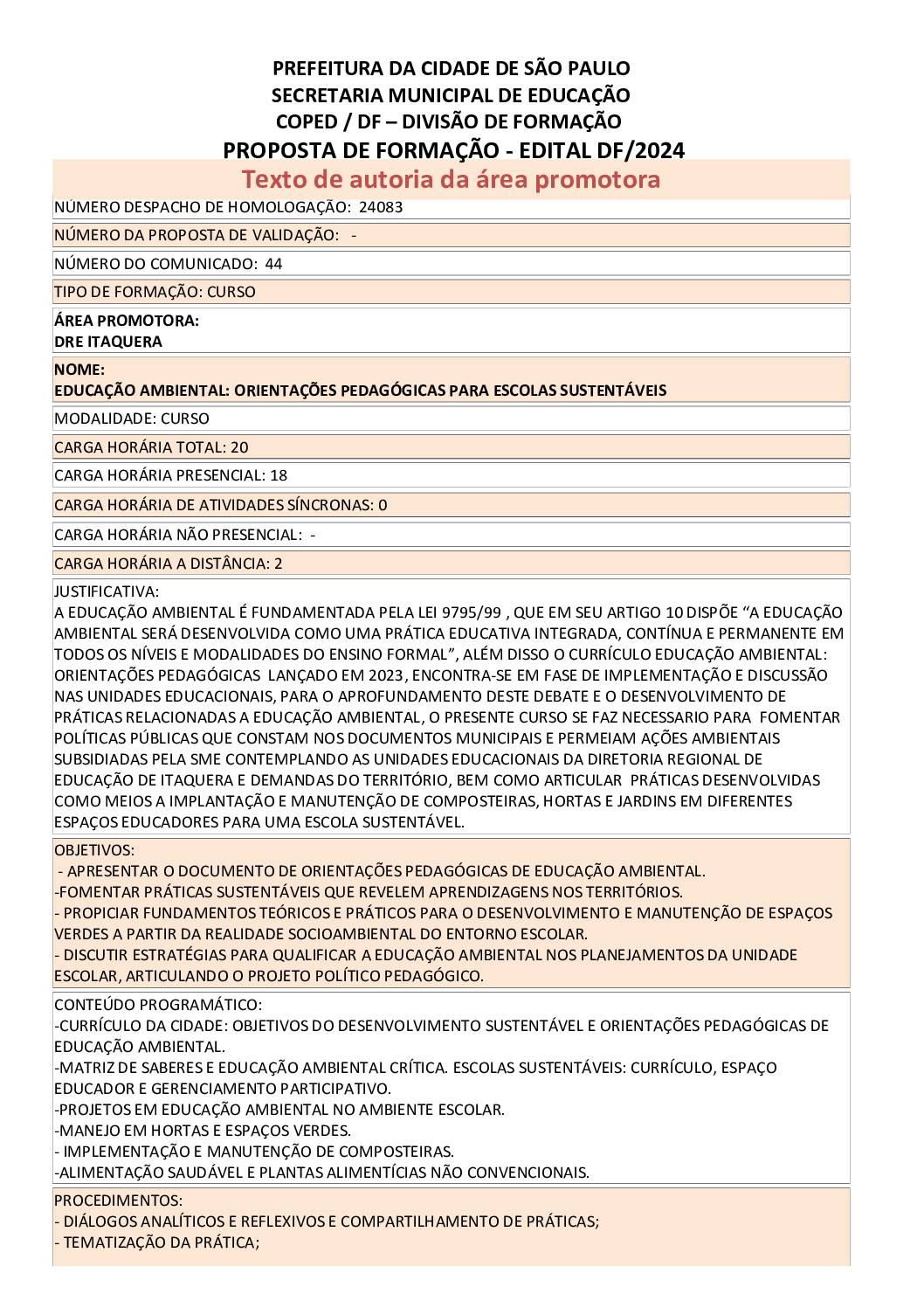 PROPOSTA FORMATIVA HOMOLOGADA PELA SME.