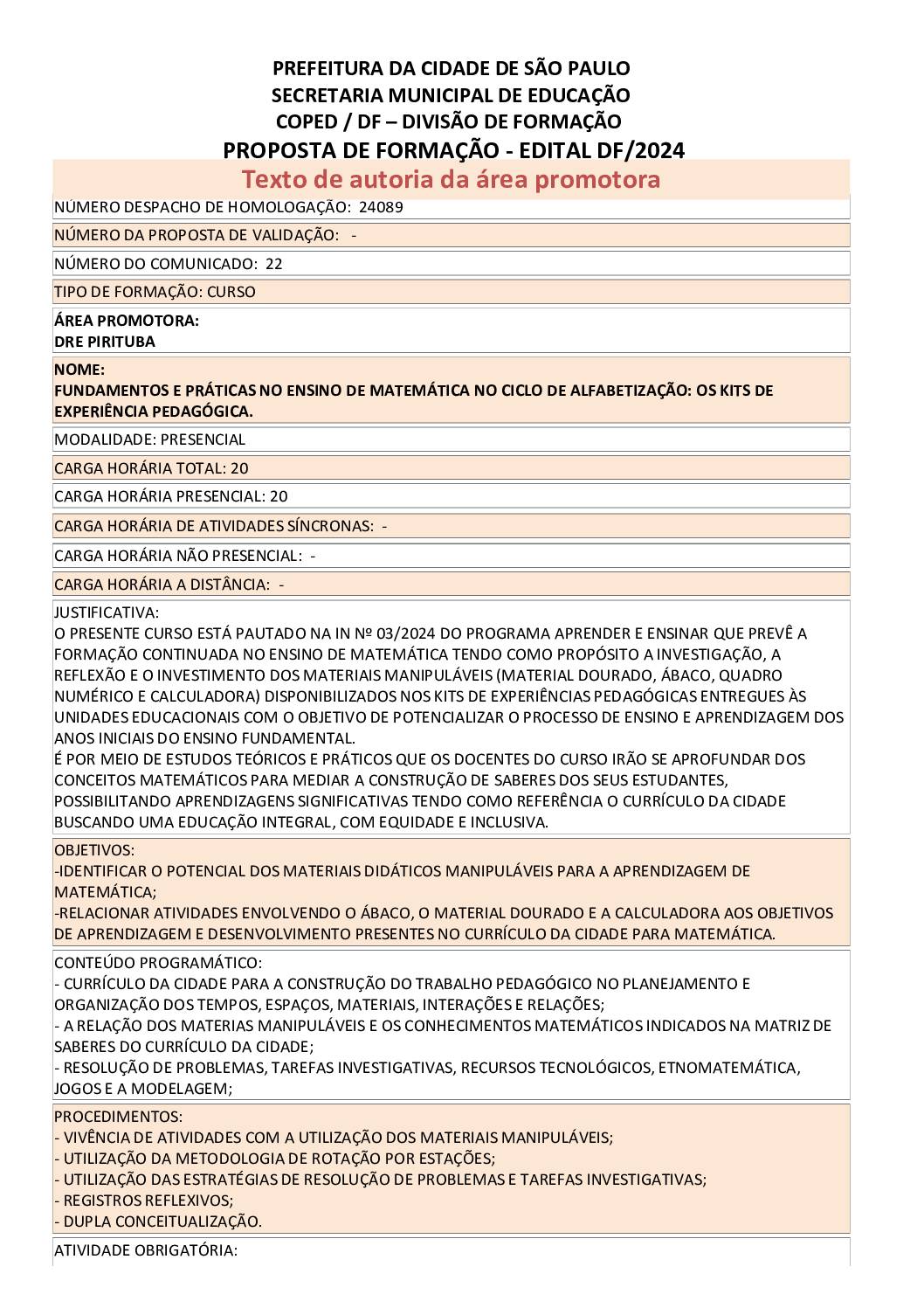 PROPOSTA FORMATIVA HOMOLOGADA PELA SME.