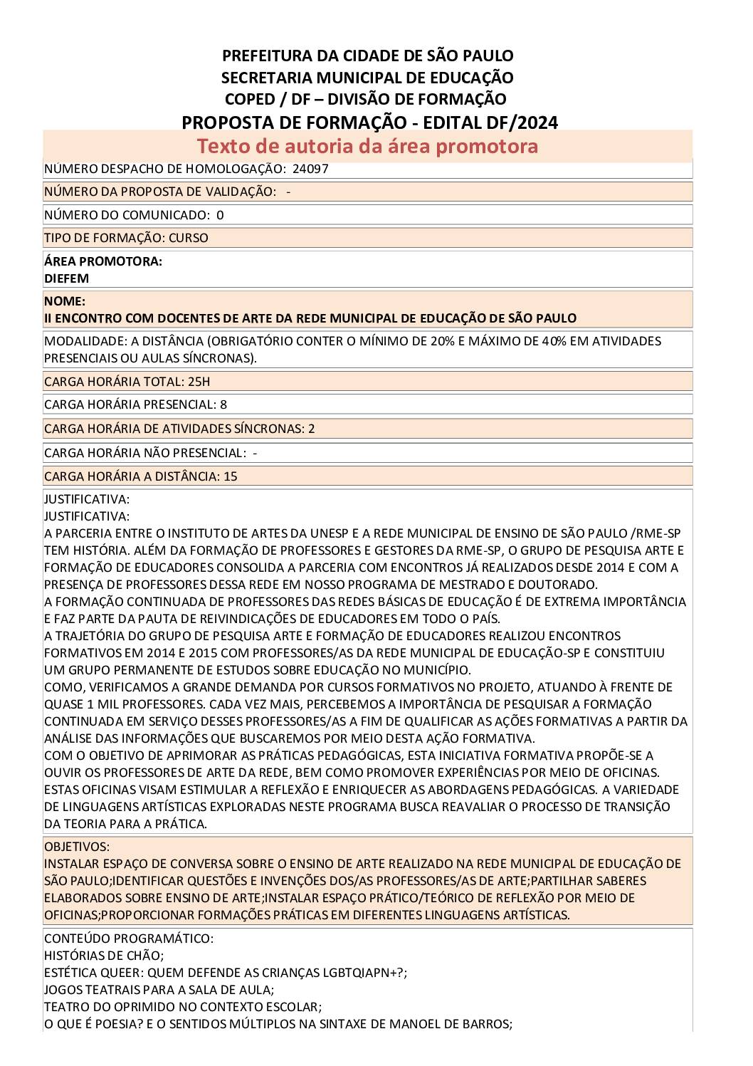 PROPOSTA FORMATIVA HOMOLOGADA PELA SME.