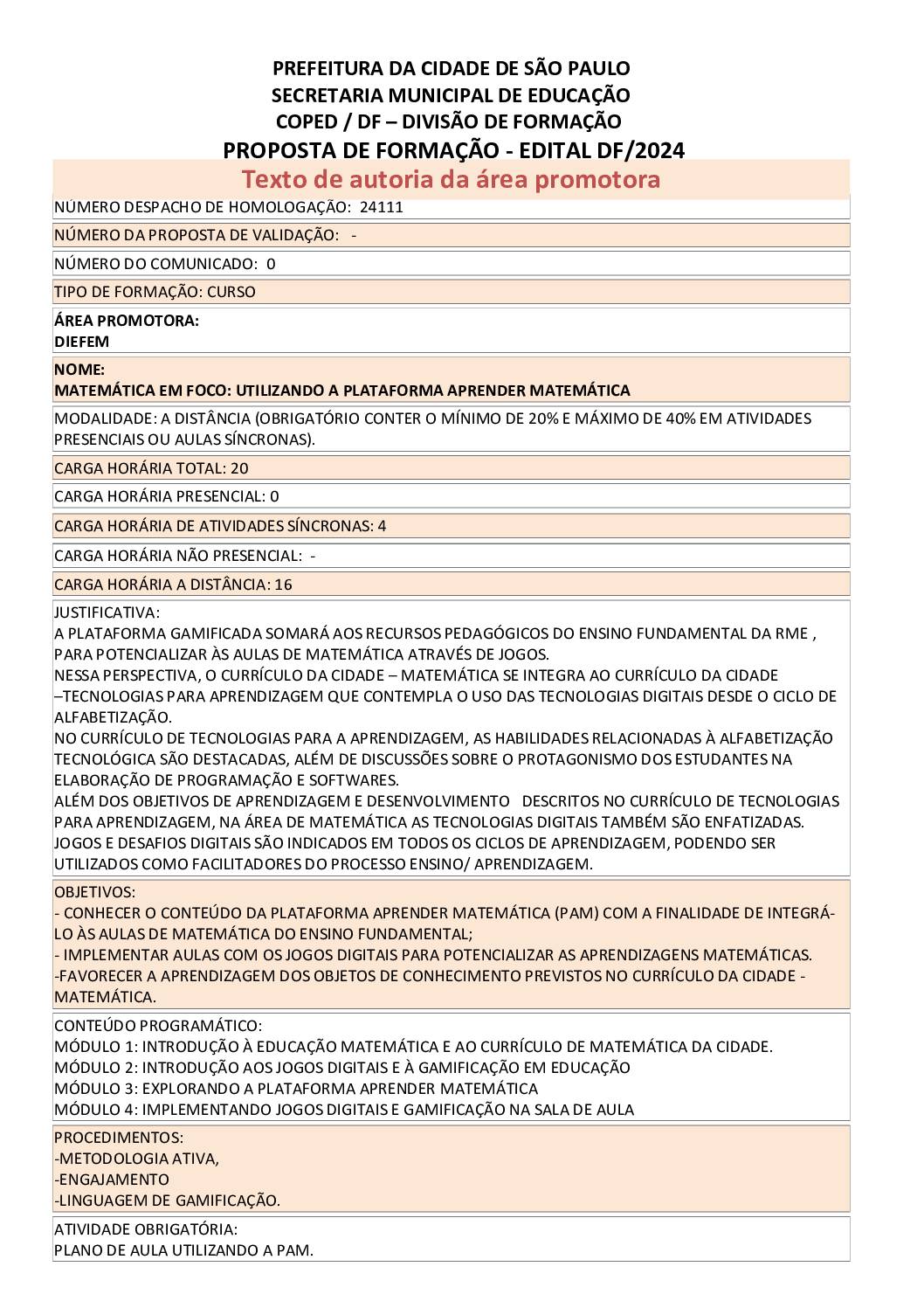 PROPOSTA FORMATIVA HOMOLOGADA PELA SME.