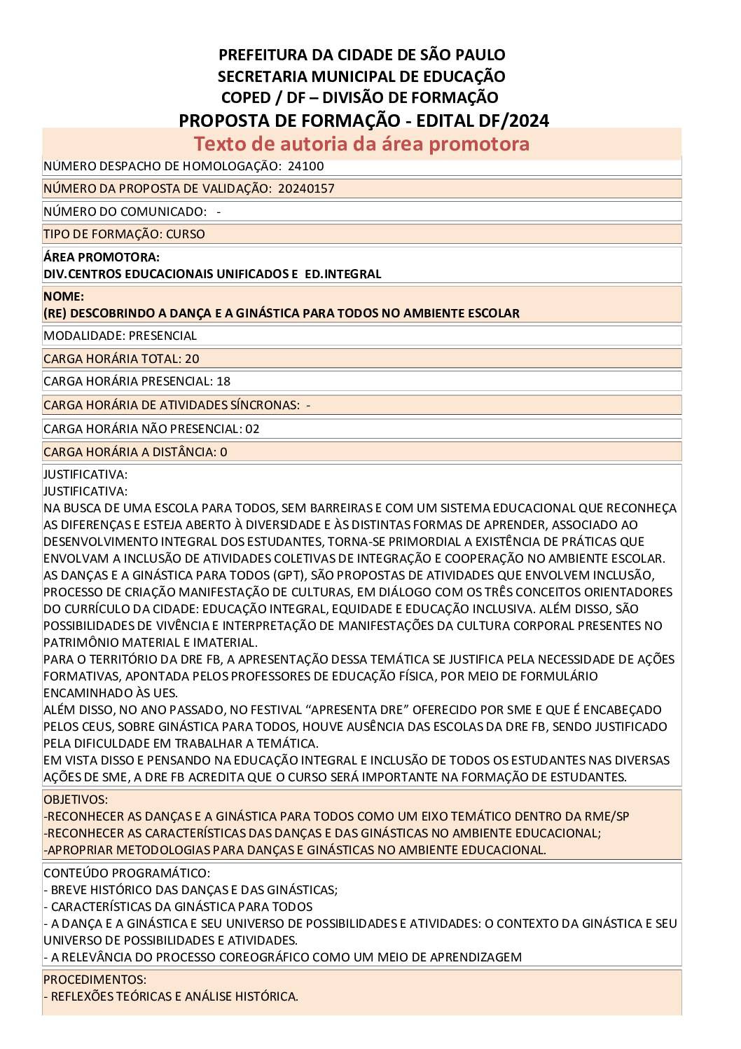 PROPOSTA FORMATIVA HOMOLOGADA PELA SME.