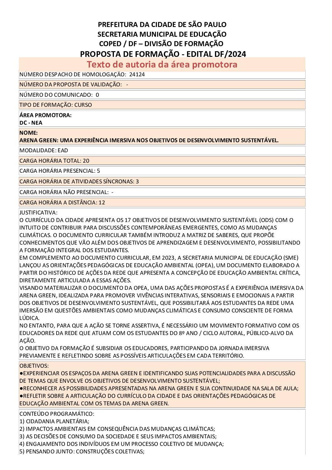 PROPOSTA FORMATIVA HOMOLOGADA PELA SME.