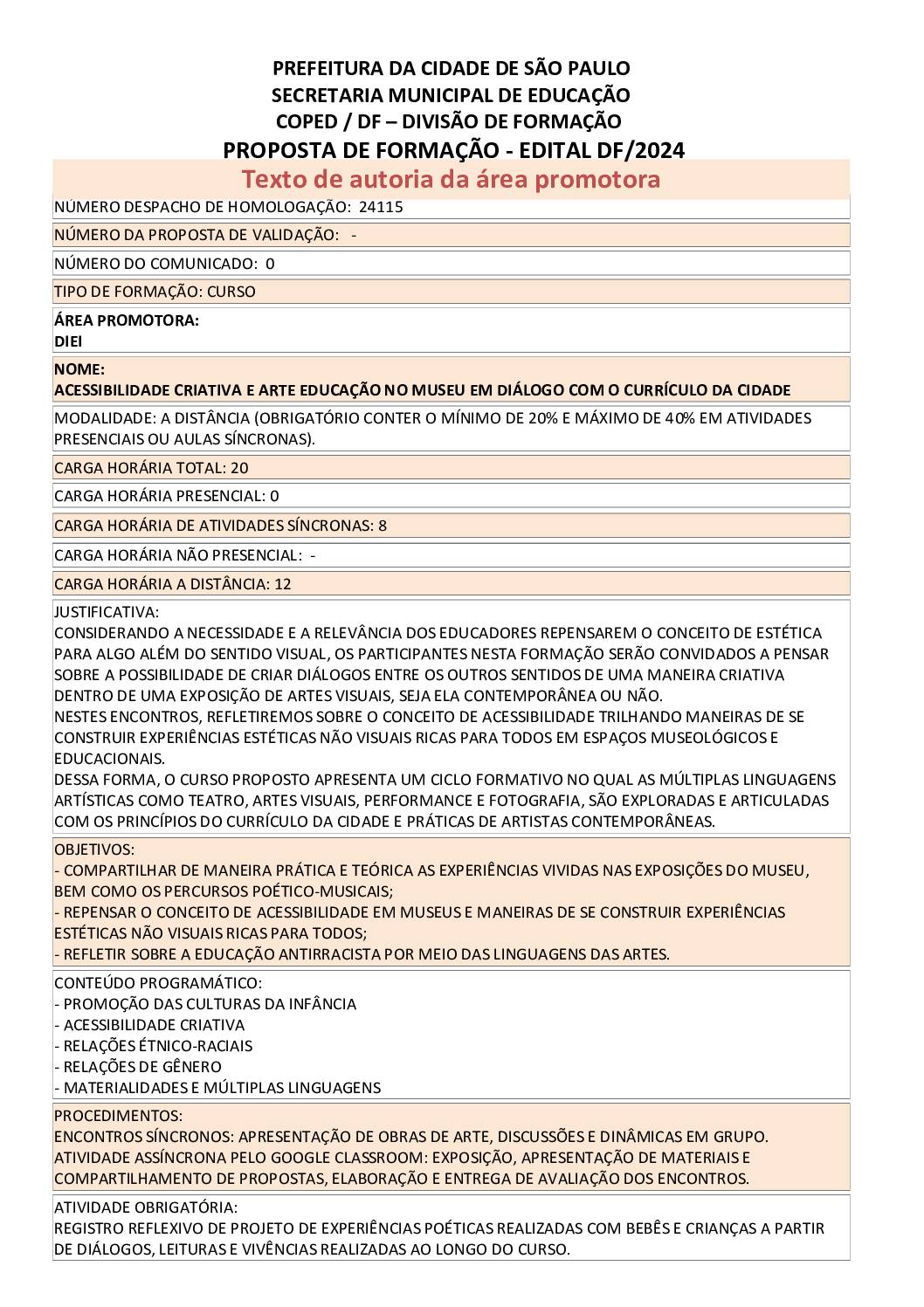 PROPOSTA FORMATIVA HOMOLOGADA EM SME.