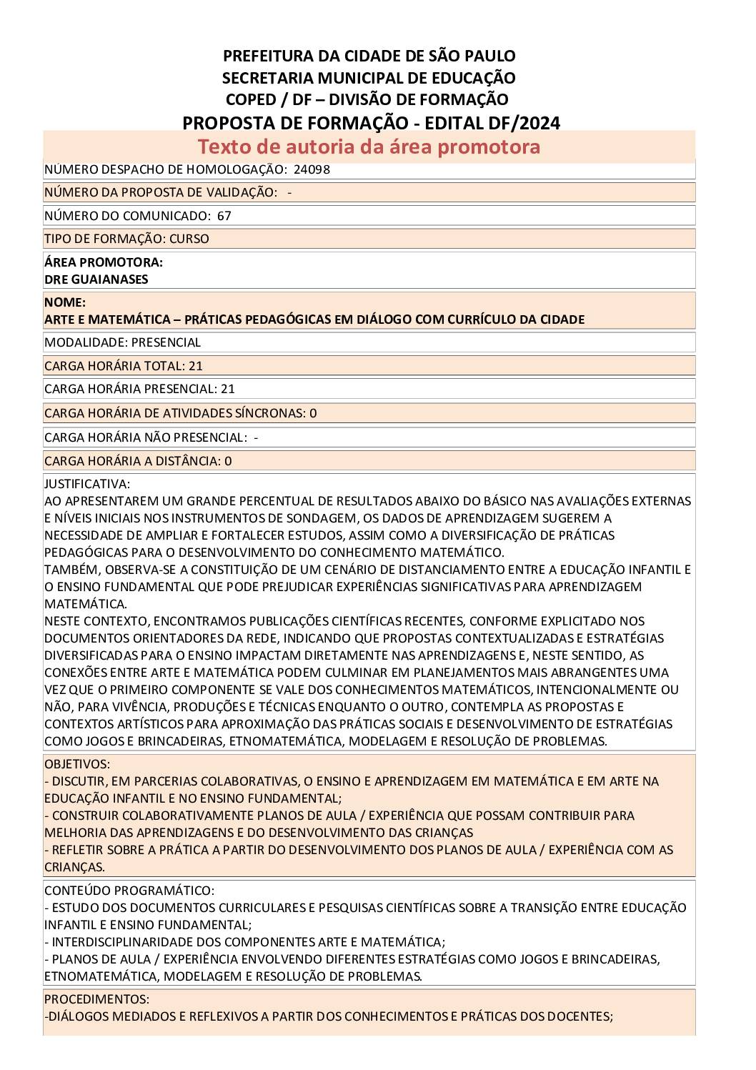 PROPOSTA FORMATIVA HOMOLOGADA PELA SME.