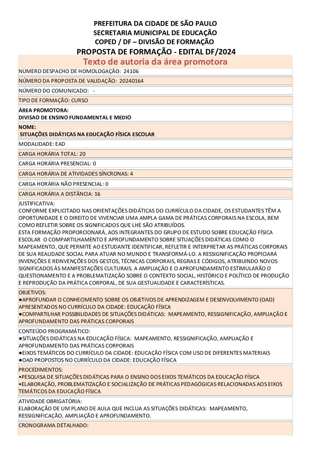 PROPOSTA FORMATIVA HOMOLOGADA PELA SME.
