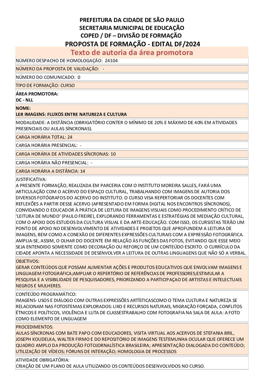 PROPOSTA FORMATIVA HOMOLOGADA PELA SME.
