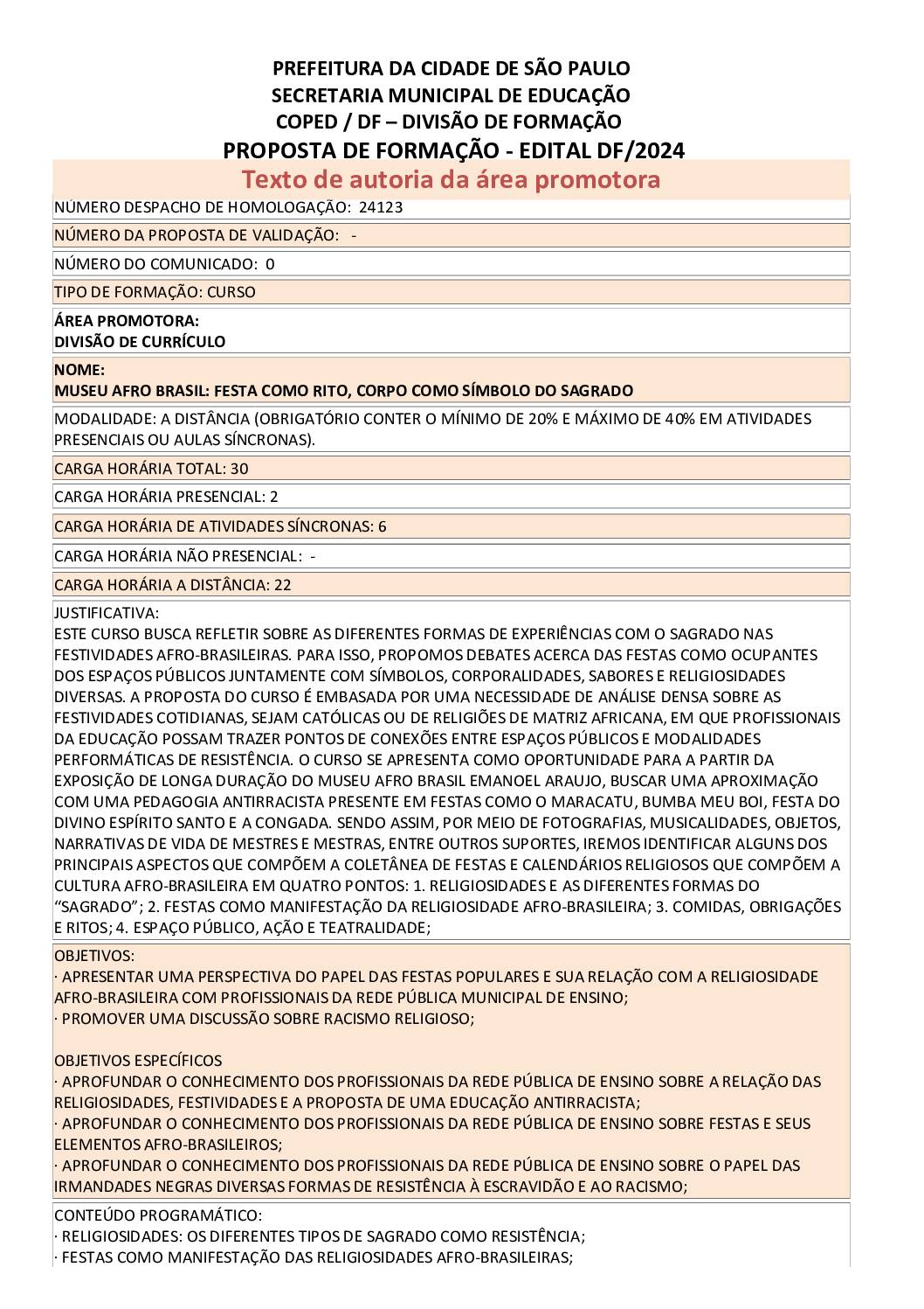 PROPOSTA FORMATIVA HOMOLOGADA PELA SME.