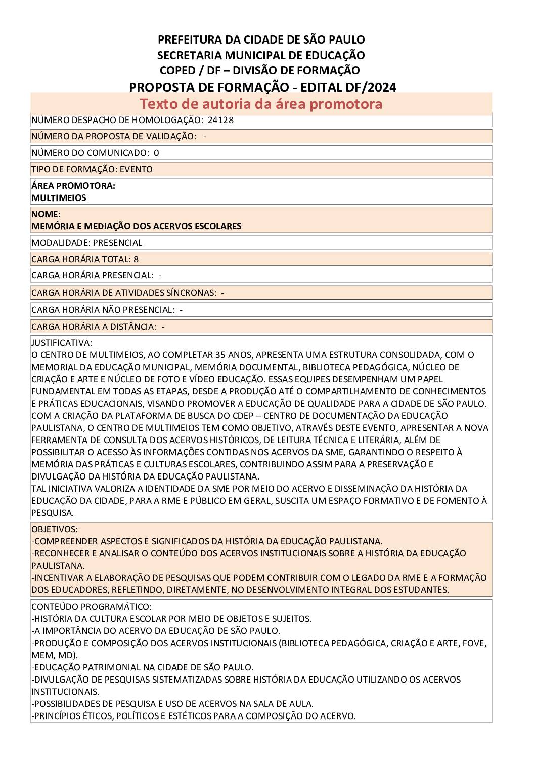 PROPOSTA FORMATIVA HOMOLOGADA PELA SME.