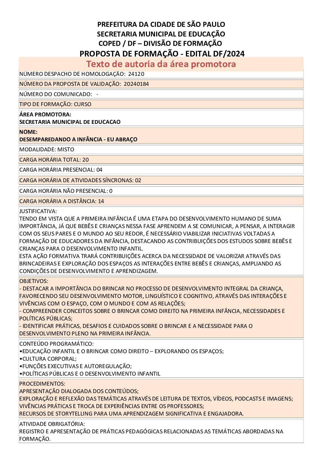 PROPOSTA FORMATIVA HOMOLOGADA PELA SME.
