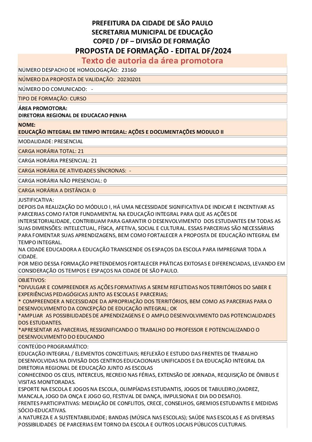 PROPOSTA FORMATIVA HOMOLOGADA PELA SME.