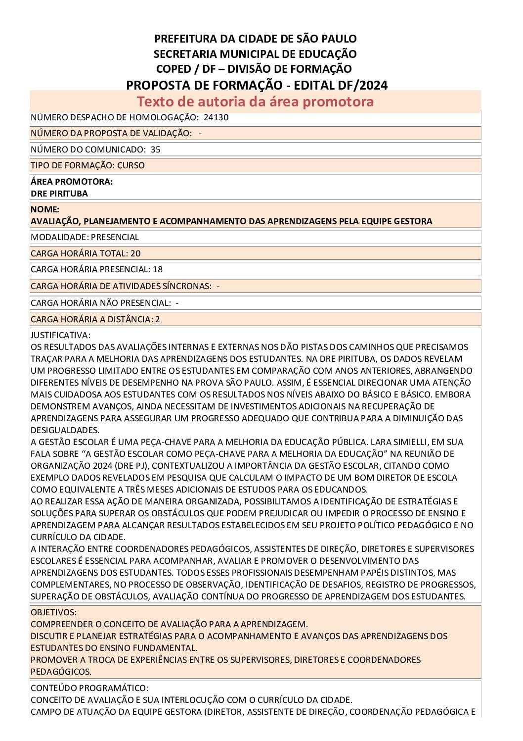 PROPOSTA FORMATIVA HOMOLOGADA PELA SME.