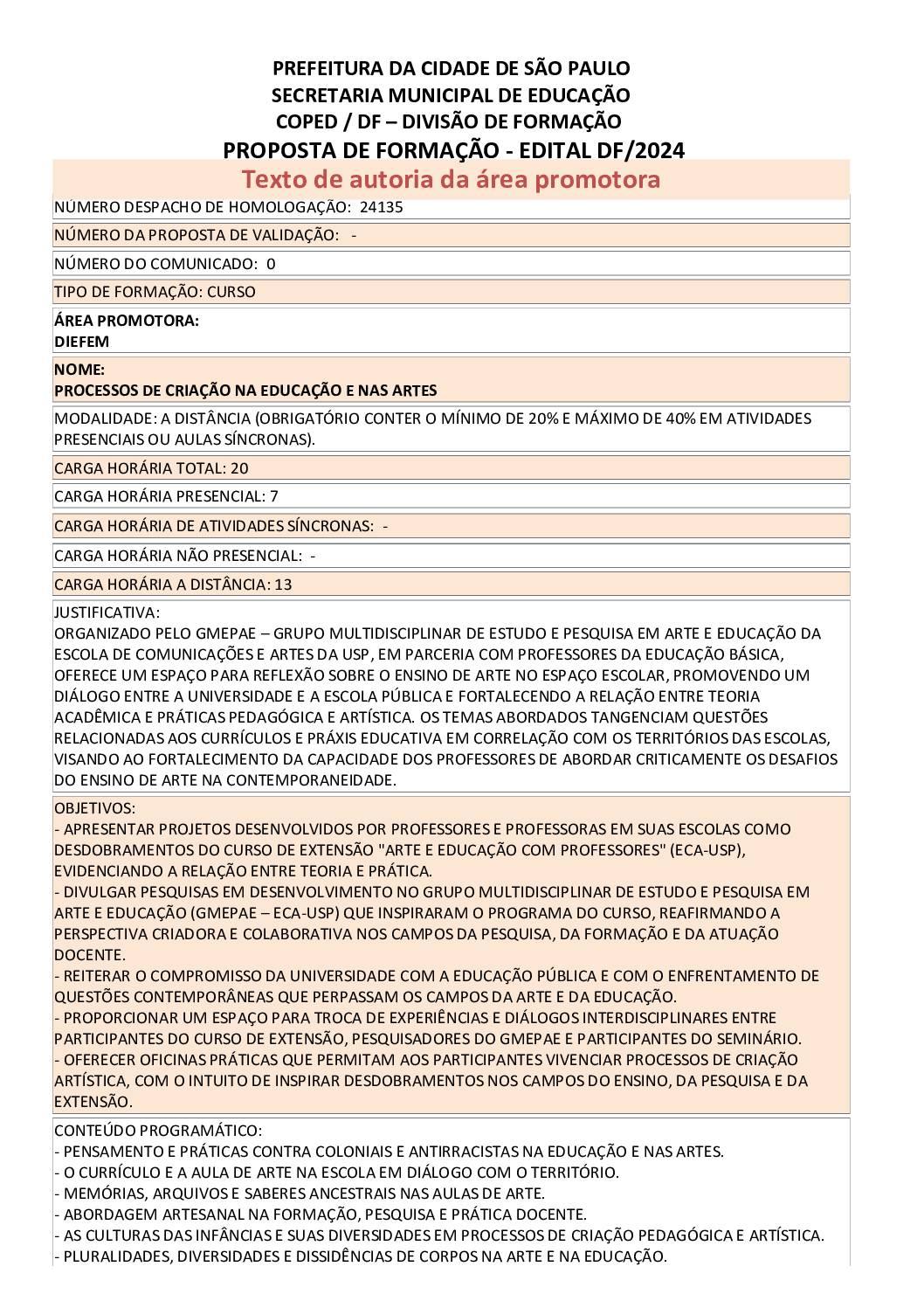 PROPOSTA FORMATIVA HOMOLOGADA PELA SME.