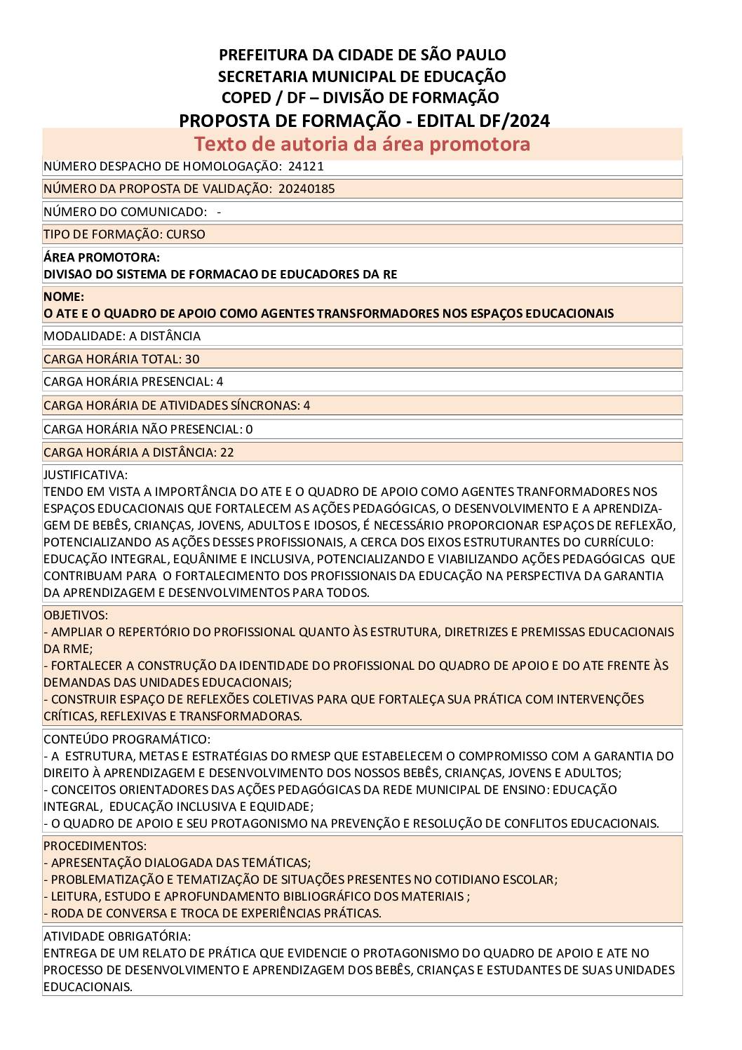 PROPOSTA FORMATIVA HOMOLOGADA PELA SME.