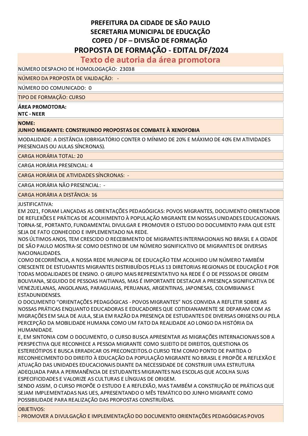 PROPOSTA FORMATIVA HOMOLOGADA PELA SME.