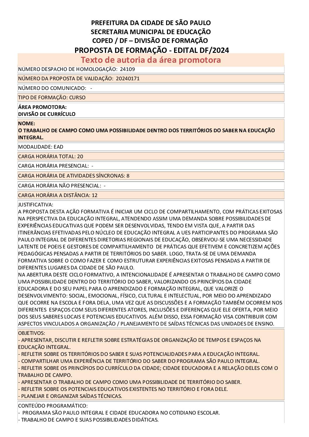 PROPOSTA FORMATIVA HOMOLOGADA PELA SME.