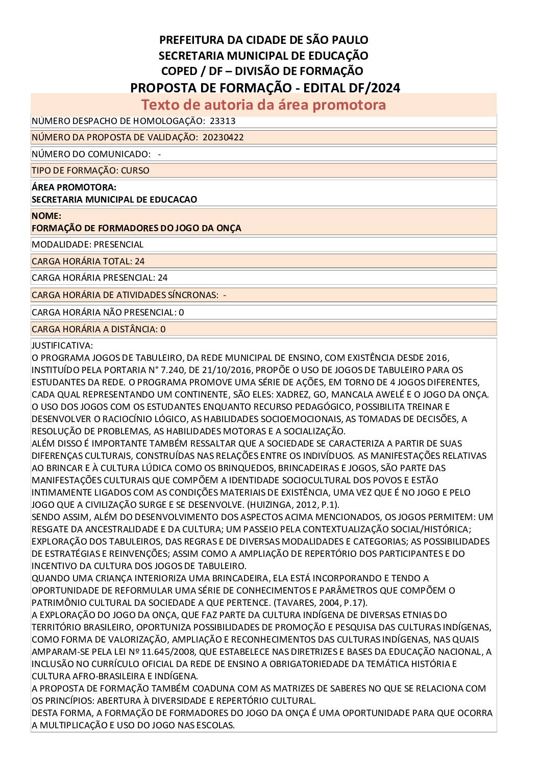 PROPOSTA FORMATIVA HOMOLOGADA PELA SME.