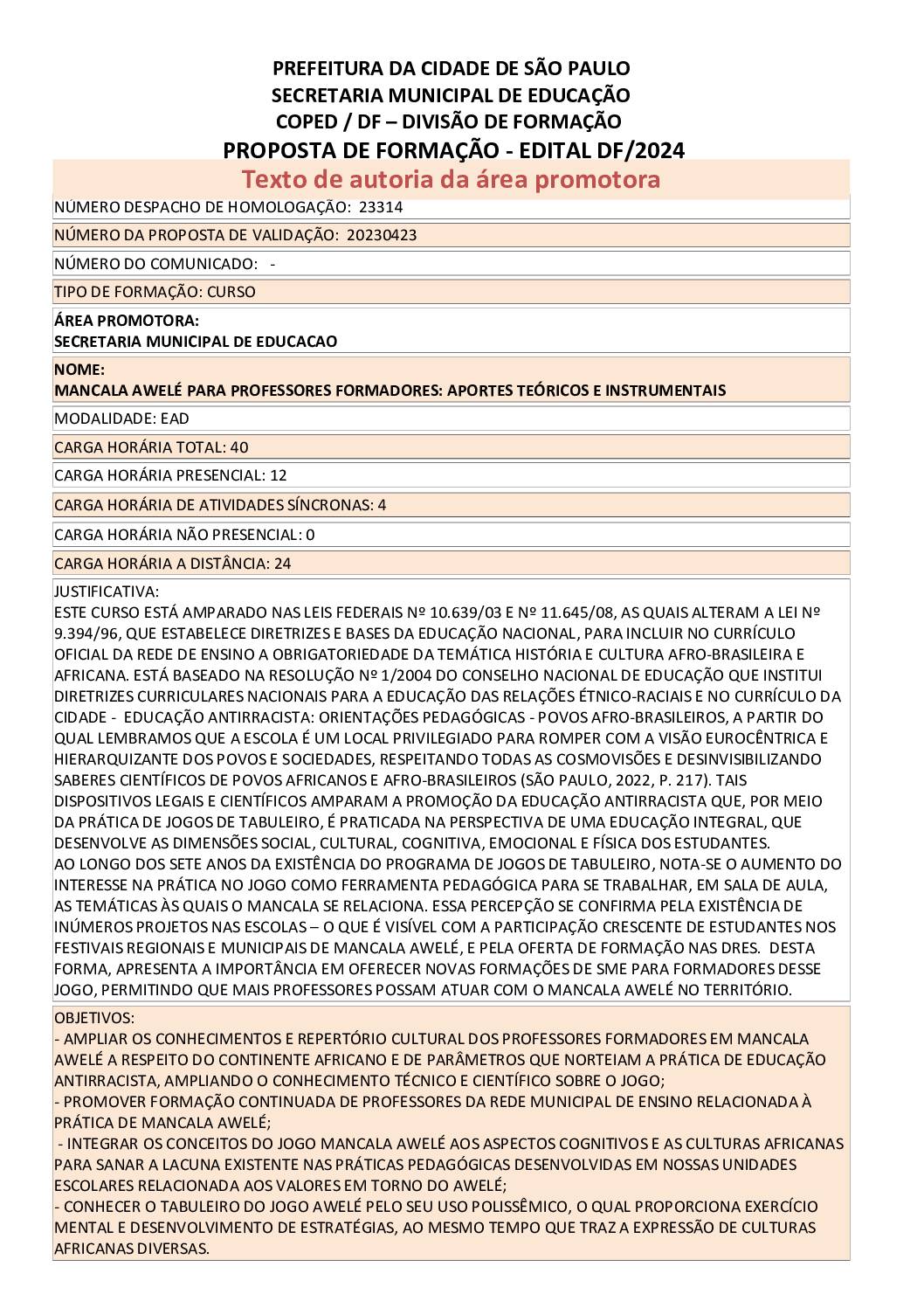 PROPOSTA FORMATIVA HOMOLOGADA PELA SME.