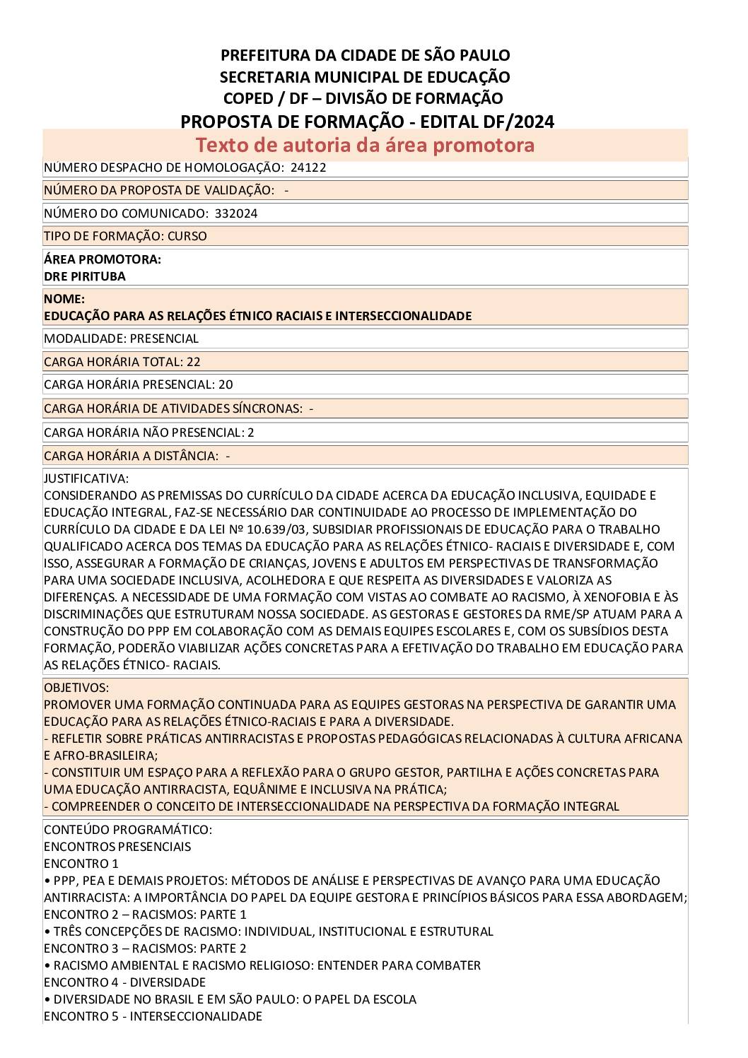PROPOSTA FORMATIVA HOMOLOGADA PELA SME.