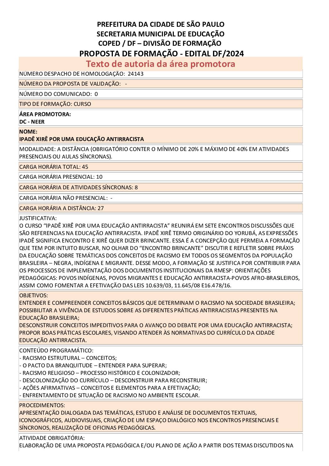 PROPOSTA FORMATIVA HOMOLOGADA PELA SME.