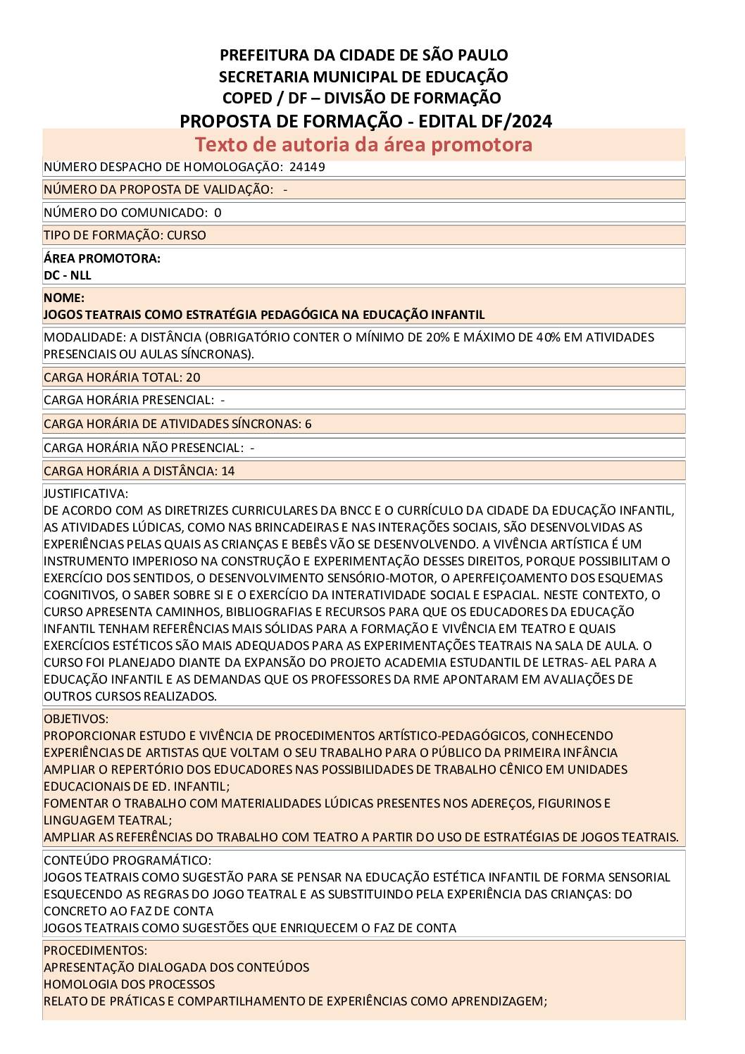 PROPOSTA FORMATIVA HOMOLOGADA PELA SME.