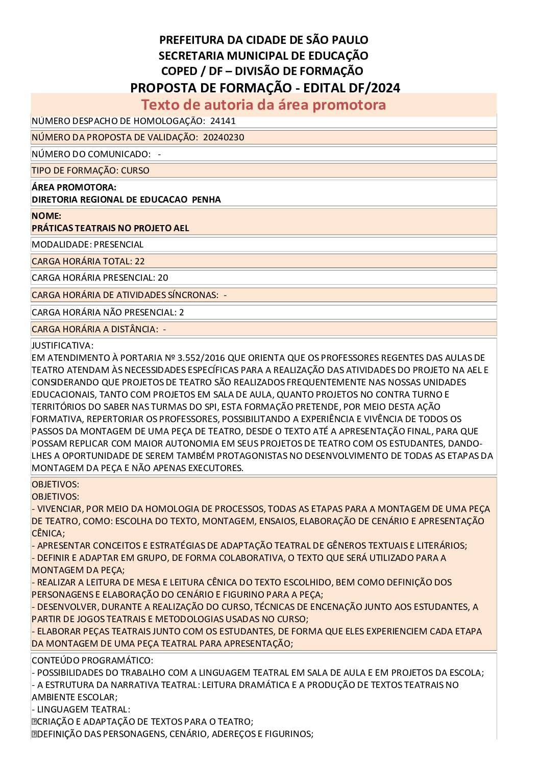 PROPOSTA FORMATIVA HOMOLOGADA PELA SME.
