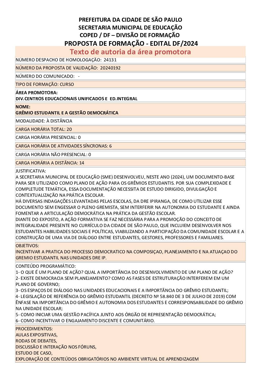 Proposta Formativa Homologada pela SME