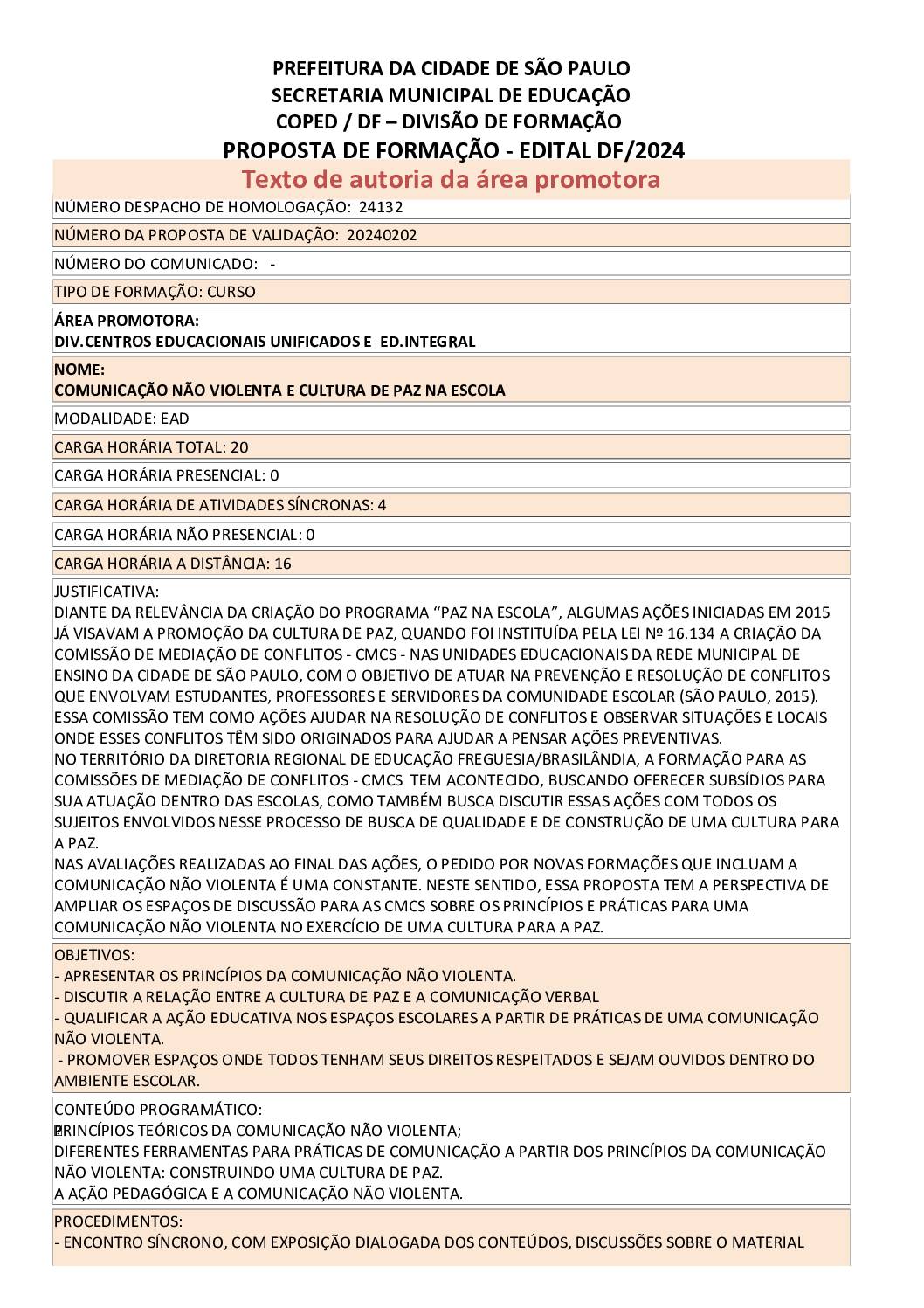 Proposta Formativa Homologada pela SME