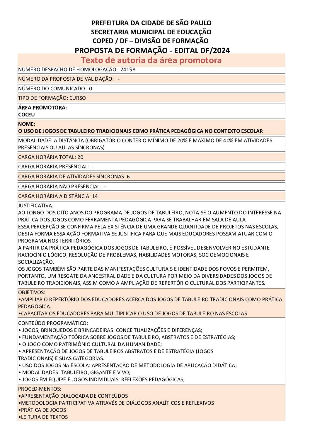 Proposta Formativa Homologada pela SME