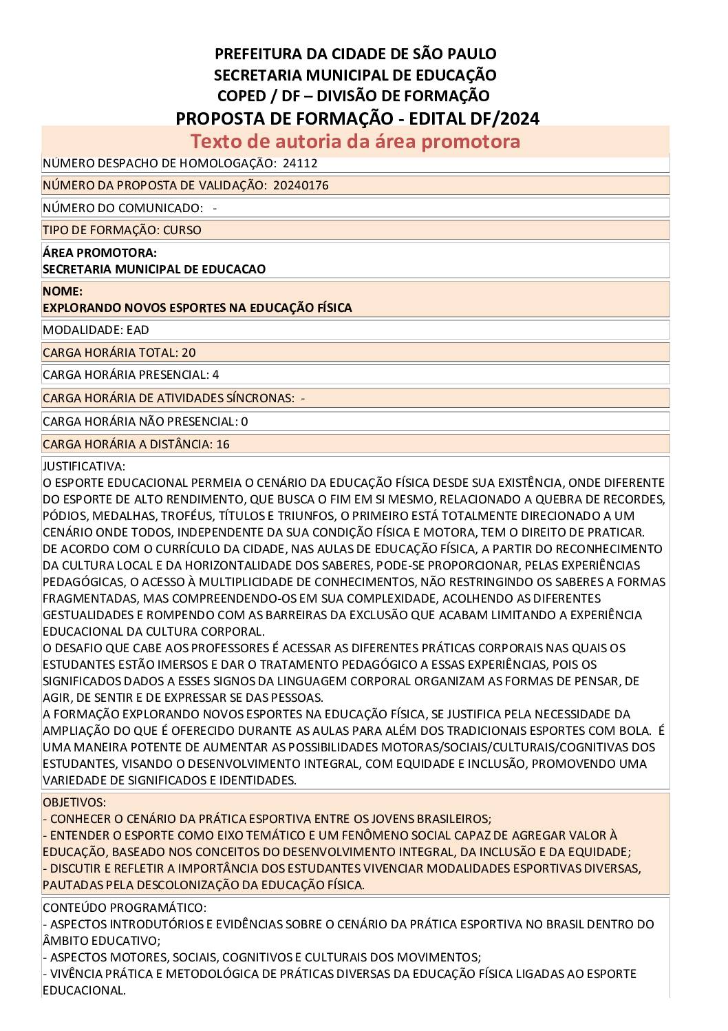 Proposta Formativa Homologada pela SME