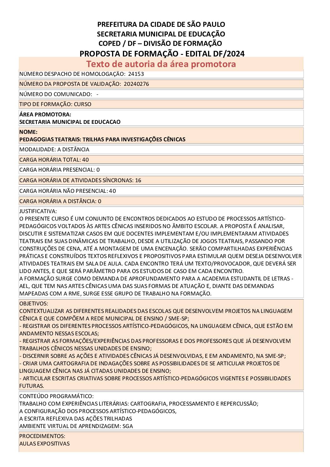 Proposta Formativa Homologada pela SME