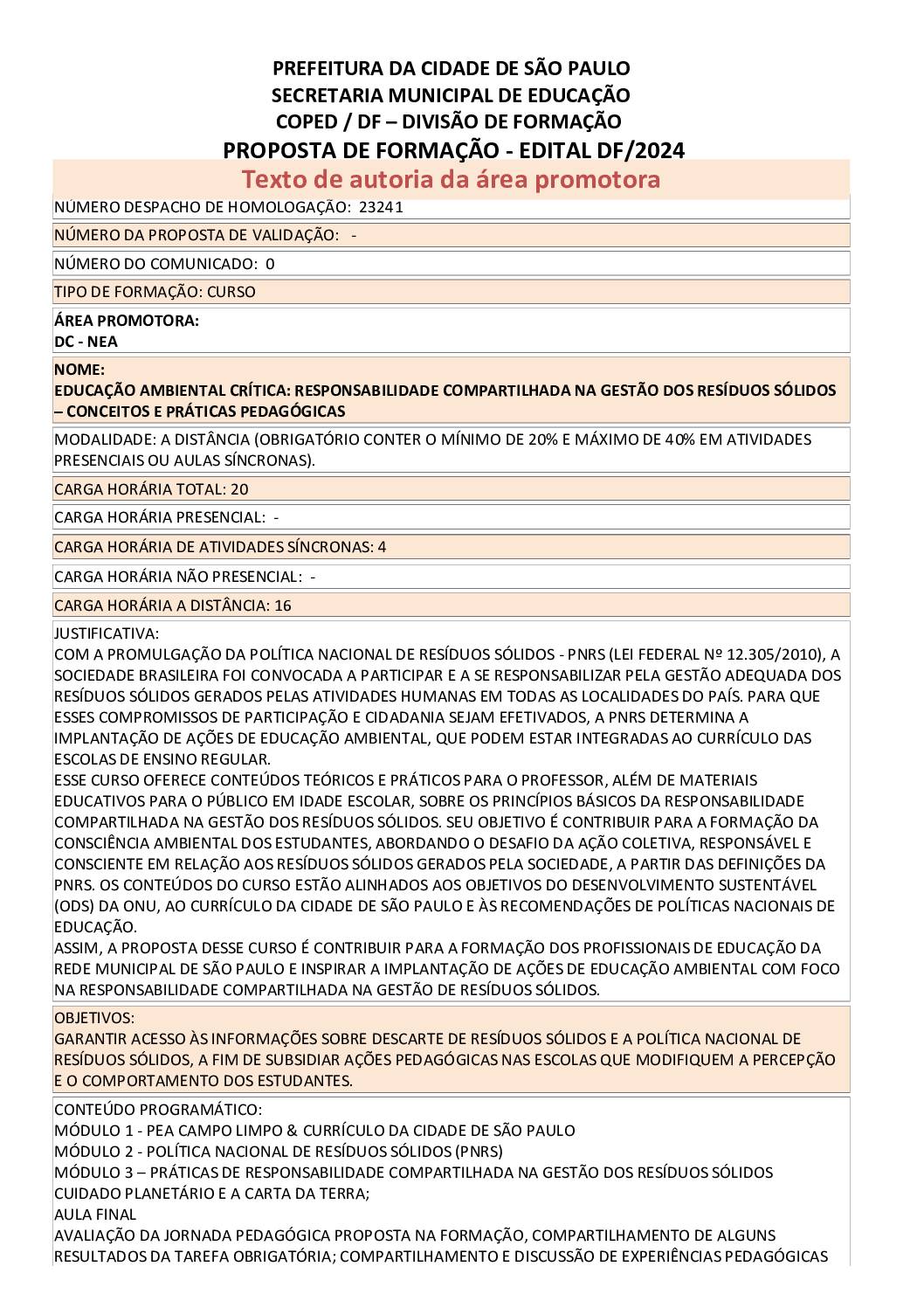 Proposta Formativa Homologada pela SME