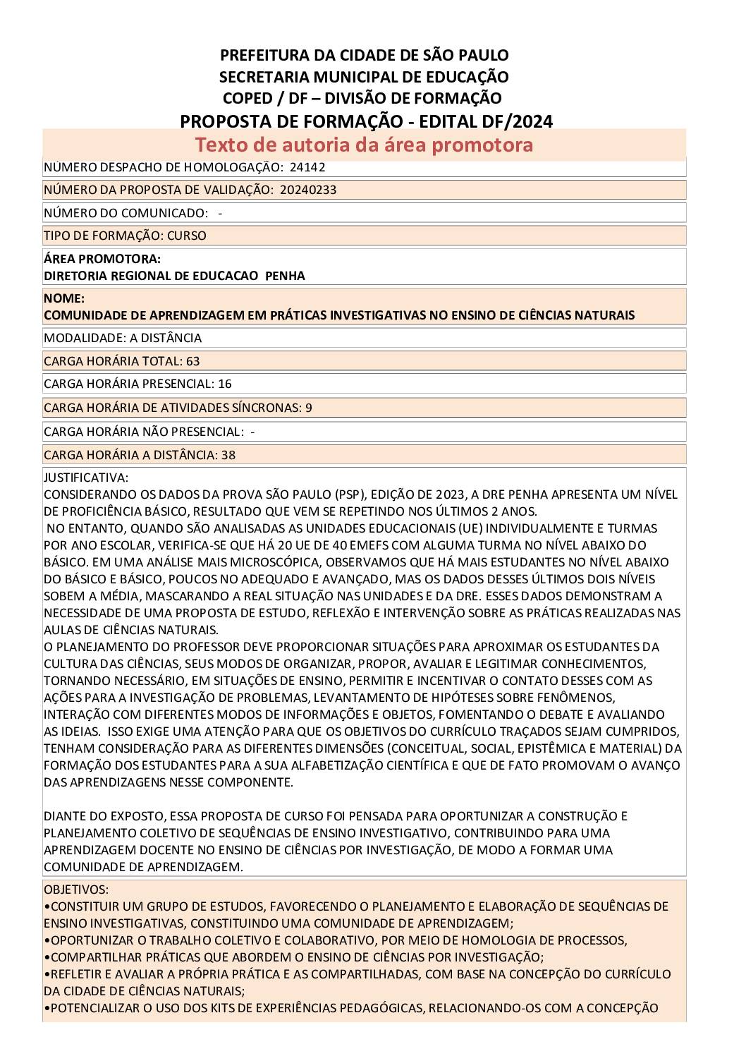 Proposta Formativa Homologada pela SME