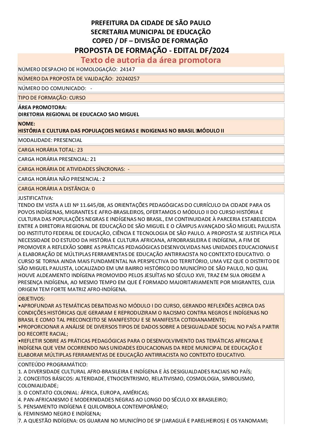 Proposta Formativa Homologada pela SME
