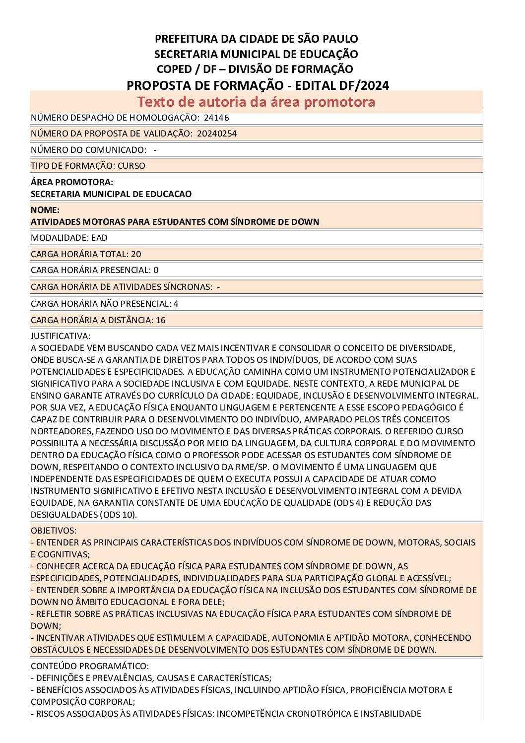 Proposta Formativa Homologada pela SME