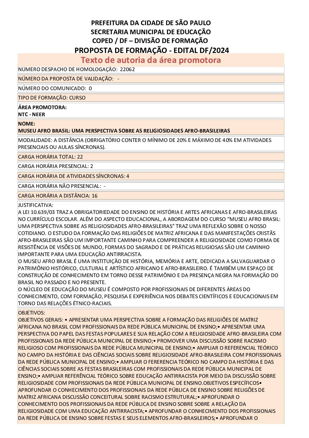 PROPOSTA FORMATIVA HOMOLOGADA PELA SME.