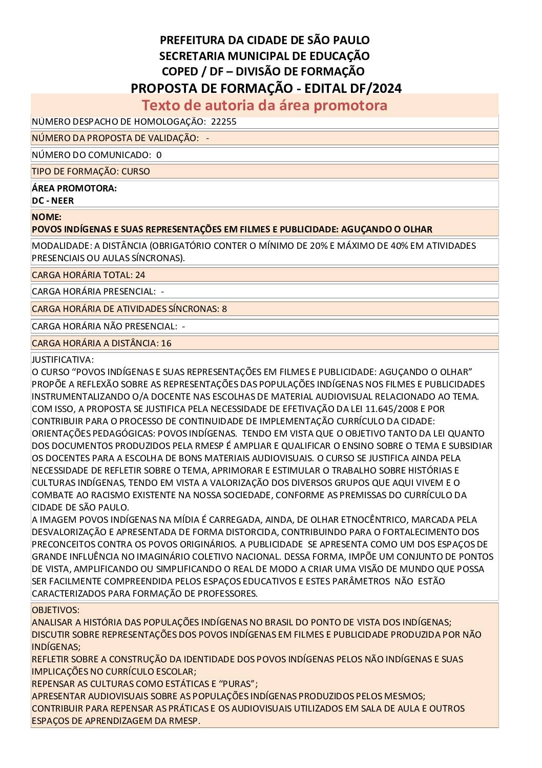 PROPOSTA FORMATIVA HOMOLOGADA PELA SME.