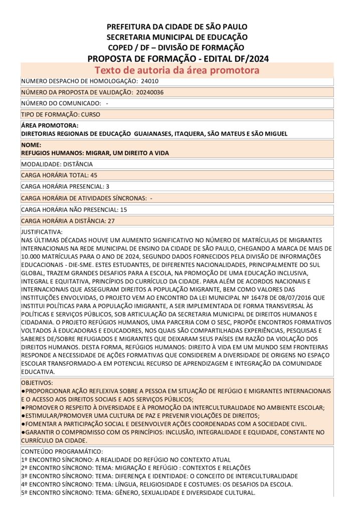 Proposta Formativa Homologada pela SME