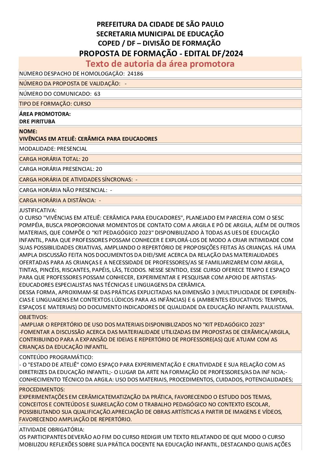 PROPOSTA FORMATIVA HOMOLOGADA PELA SME.