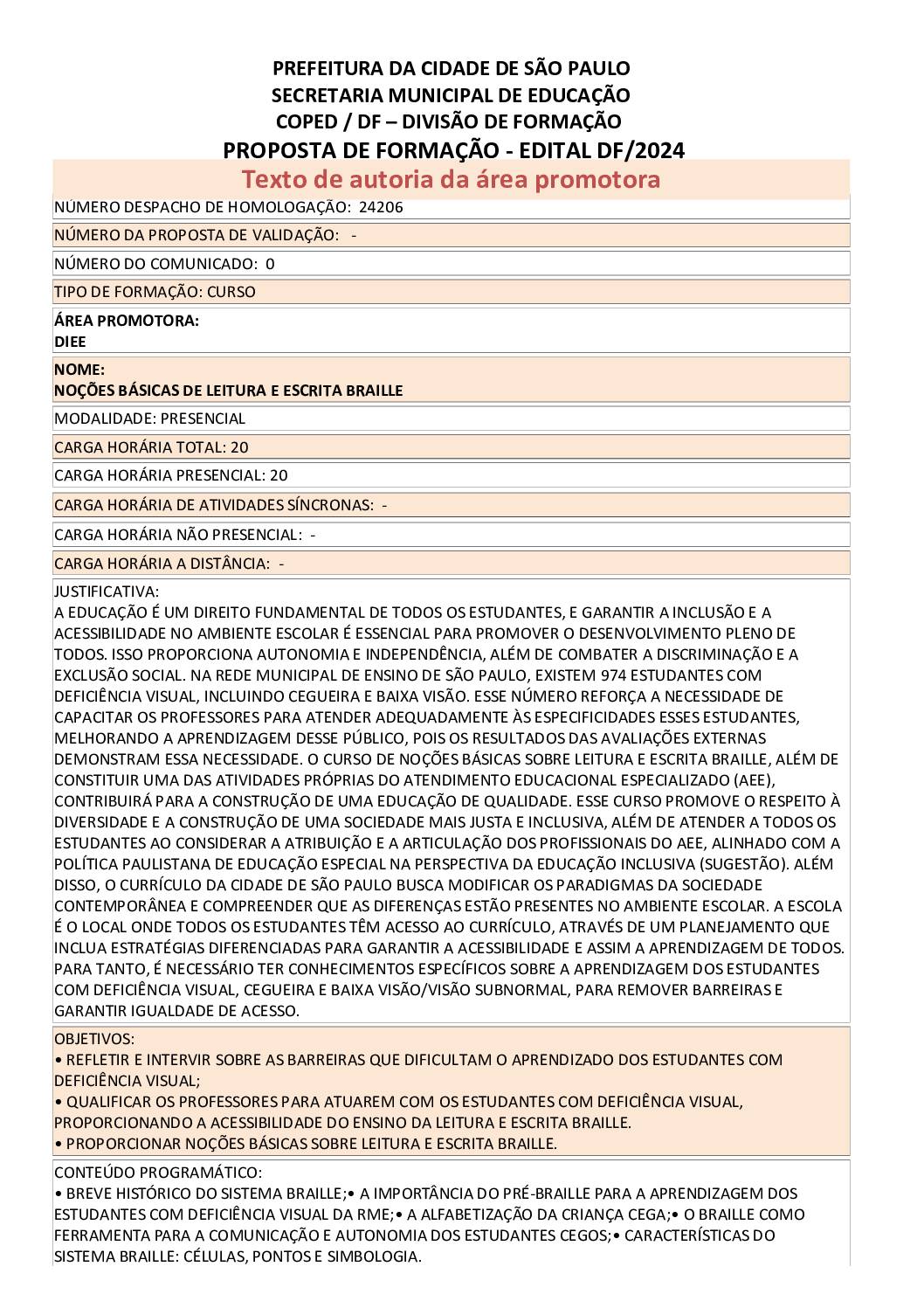 PROPOSTA FORMATIVA HOMOLOGADA PELA SME.