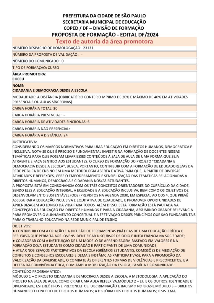 PROPOSTA FORMATIVA HOMOLOGADA PELA SME.