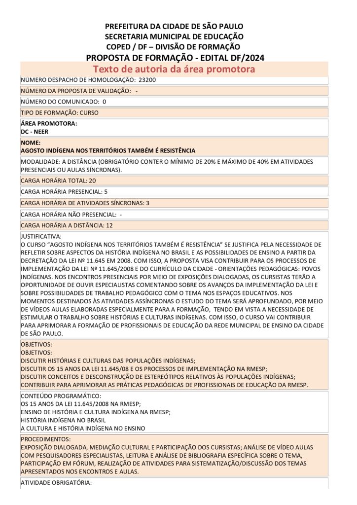 PROPOSTA FORMATIVA HOMOLOGADA PELA SME.